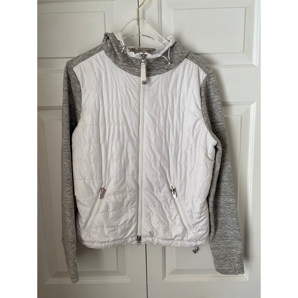 Athleta Cozier Insulated White and Grey‎ Quilted Hoodie Full Zip Jacket S